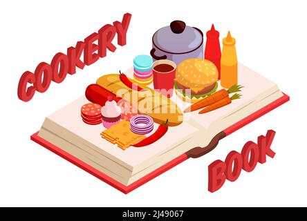 Kulinarische Buch isometrische Zusammensetzung mit Brot und Süßigkeiten, Burger und Wurst, Käse, Gemüse und Pfanne Vektor Illustration Stock Vektor