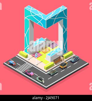 Stadt Konstruktor isometrisches Element mit Straße Fußgänger Kreuzung futuristischen Autos Und abstrakte Architektur Vektor Illustration Stock Vektor