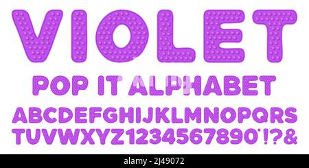 Violettes popit-Alphabet und Zahlen im Fidget-Spielzeugstil. Pop it Schriftdesign als trendiges Silikonspielzeug für Fidget in knallvioletter Farbe. luftblasenlette Stock Vektor