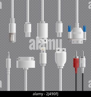 Realistische Kabelsteckverbindertypen Transparentes Set mit Bildern des Computers Und Multimedia-Anschlüsse auf transparenter Hintergrund Vektorgrafik Stock Vektor