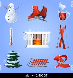 Winter dekorative Ikonen Set mit Ski Glühwein Tasse weihnachten Strukturdarstellung für isolierte Vektorgrafik Stock Vektor