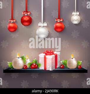 Neujahr festliche Komposition mit hängenden weihnachtskugeln Geschenkbox holly Beeren und runde Kerzen realistische Vektor Illustration Stock Vektor