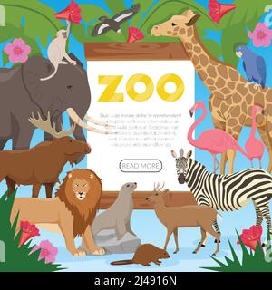 Zoo Poster mit Cartoon-Sammlung von exotischen Wildtieren Bewohner Von tropischen Dschungel Savanne und Tundra flache Vektor-Illustration Stock Vektor