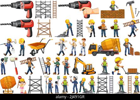 Satz von Baustellen Objekte und Arbeiter Illustration Stock Vektor