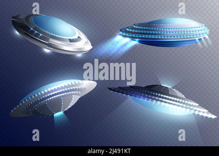 Set von glühenden Alien Raumschiffe in Untertasse Form isoliert auf Transparenter Hintergrund 3D Vektorgrafik Stock Vektor