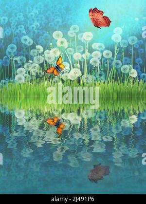 Schöner Sommerhintergrund, Schmetterlinge fliegen und flauschige weiße Dandelionen am Bach, Feld von flauschigen weißen Dandelionen im Morgenlicht schließen Stockfoto