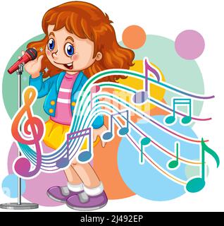 Sängerin Mädchen Cartoon mit Musik Melodie Symbole Illustration Stock Vektor