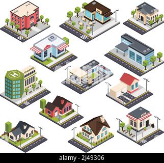 Isometrische Stadtgebäude mit Straßenelementen, Set mit Wohnhäusern, Krankenhaus, Bank, Schule, Polizei isoliert Vektor-Illustration Stock Vektor