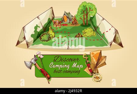 Tourist Camping Karte Skizze mit Axt Zelt Lagerfeuer Picknick-Box vektorgrafik Stock Vektor
