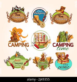 Camping Zeit beste feine Sommer Picknick Skizze farbige Embleme Set Isolierte Vektordarstellung Stock Vektor