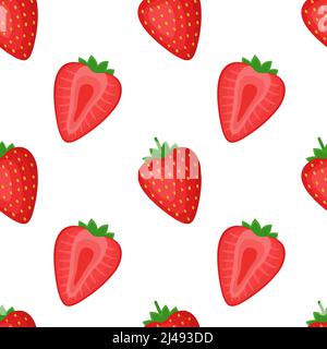 Nahtloses Muster mit Erdbeeren, ganzen Beeren und Hälften, Vektorgrafik Stock Vektor