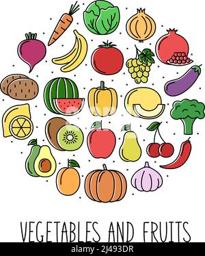 Rundes Banner mit farbigen Symbolen für Gemüse, Obst und Beeren im linearen Stil. Design für Markt und Geschäft, Vektorgrafik Stock Vektor