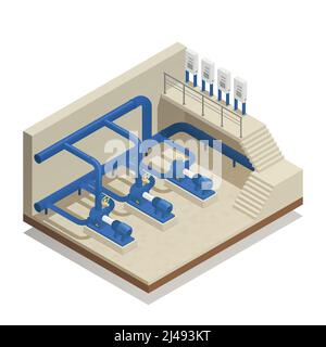 Wasserreinigung und Reinigung Anlage Element isometrische Zusammensetzung mit Behandlung Vektordarstellung der Anlagenpumpenanlage Stock Vektor