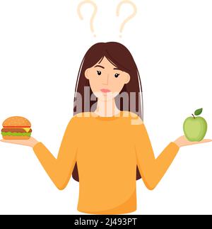 Frau die Wahl zwischen gesunden und ungesunden Lebensmitteln. Auswahl zwischen Apfel und Burger. Konzeptvektordarstellung Stock Vektor
