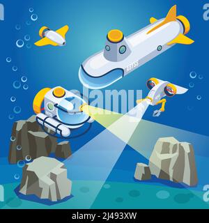 Unterwasserfahrzeuge einschließlich unbemannter Ausrüstung und U-Boot, Zusammensetzung auf blauem Hintergrund isometrische Vektor-Illustration Stock Vektor