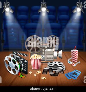 Realistischer Hintergrund mit verschiedenen Objekten zum Aufnehmen und Ansehen von Filmen Und leere Sitze im Kino Vektor-Illustration Stock Vektor