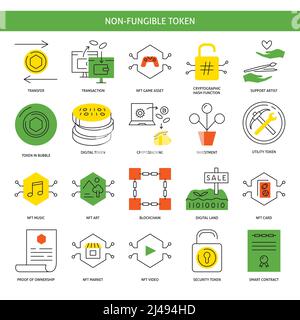 Nicht-fungible Token-Technologie-Symbolsatz. NFT und digitale Geldsymbole. Vektorgrafik. Stock Vektor