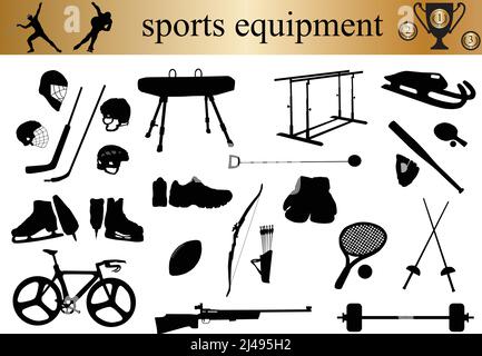 Sammlung von Silhouetten von Sportgeräten: Fahrrad, Fahrrad, Langhantel, Hockeyschläger, Schlittschuhe, Schlitten, Rodel, Helm, Hammer, Bogen, Gewehr, Handschuh, andere Stock Vektor