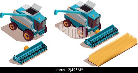 Landwirtschaftliche Maschinen isometrisches Set mit Ernte- und Transportsymbolen isoliert vektorgrafik Stock Vektor