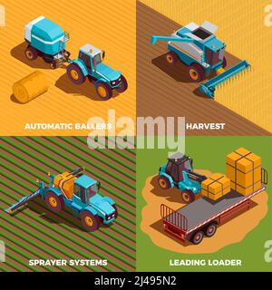 Isometrisches Konzept für Landmaschinen mit Ballenpresse und Feldspritze Isolierte Vektordarstellung Stock Vektor