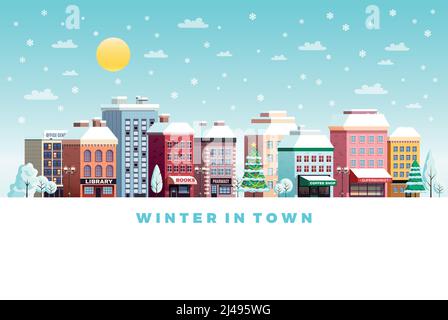 Sonnig Winter Tag traditionelle Stadt Straße Gebäude verschneite Landschaft mit weihnachtsbaum flach Poster Schriftzug Vektor Illustration Stock Vektor