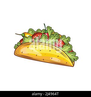 Taco. Mexikanische traditionelle Lebensmittel Vektor handgezeichnete Illustration, Menü Etikett, Banner Poster Identität, Branding. Stilvolles Design mit Skizzendarstellung Stock Vektor