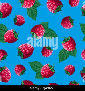 Nahtlose Vektor Früchte Muster Beeren reife Himbeeren auf blauem Hintergrund Stock Vektor