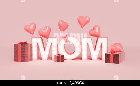 Mutterbriefe mit leuchtenden Lichtern auf rosa Hintergrund mit herzförmigen Ballons und Geschenkboxen während der Muttertag Feier platziert. 3D Rendern Stockfoto