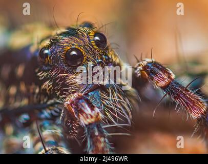 Portrait of Thin-legged Wolf Spider - Genus Pardosa, close up detaillierte Fokus gestapelt Foto Stockfoto