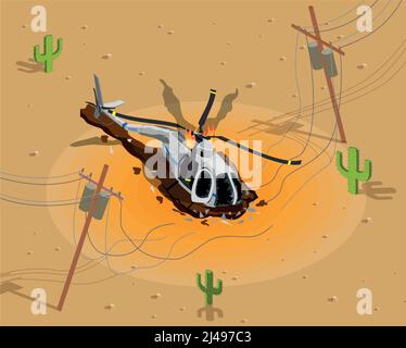 Flugzeuge Hubschrauber isometrische Zusammensetzung mit Wüste Landschaft und brennenden Hubschrauber In der Nähe gebrochene elektrische Stromübertragungslinie Vektor illustratio Stock Vektor