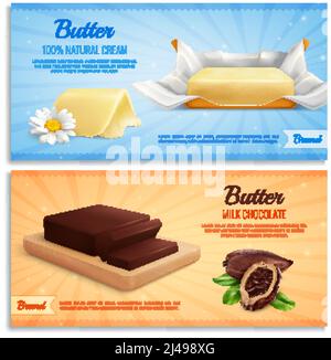 Butter realistische Banner als Mockup für Werbemarke produzieren Milch Schokolade und natürliche Sahne Butter Vektor-Illustration Stock Vektor