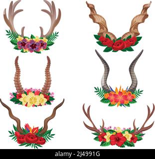 Wilde Tiere lieben Berg Ziege Elch ornamental floral Hörner Set Dekoriert mit Blumenarrangements isoliert Vektor-Illustration Stock Vektor