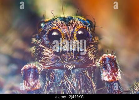 Portrait of Thin-legged Wolf Spider - Genus Pardosa, close up detaillierte Fokus gestapelt Foto Stockfoto