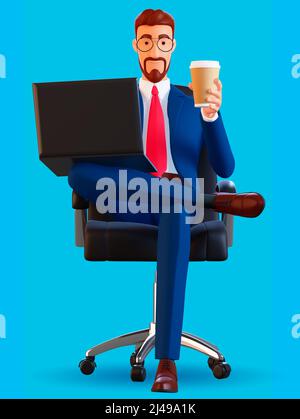 3 d Porträt eines männlichen Geschäftsmannes, der in einem Sessel sitzt, Kaffee trinkt und an einem Laptop arbeitet. Minimalistischer Style. 3D Darstellung rendern Stockfoto