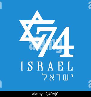 74 Jahre israelisches Unabhängigkeitstag-Emblem mit hebräischem Text - Israel. Weiße Zahlen mit magen David isoliert auf blauem Hintergrund. Vektorgrafik Stock Vektor