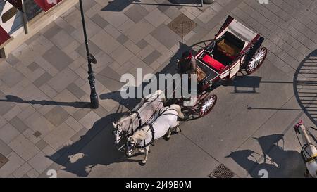 Hochwinkelansicht eines fiacre, einer vierrädrigen Pferdekutsche, im historischen Zentrum von Wien, Österreich, an sonnigen Tagen mit Schatten. Stockfoto