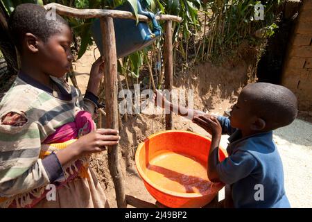 Triphonie Bosenibo, 36, Ehemann Daniel Bwanakweri, 45, und haben 7 Kinder. The 5 Present Jean Didier Dufatanye, 18, Sandrine Umuruta satte, 12, Jean D'Amour Niyonkwizera, 9, Emmanuel Niyonshuti, 7, und Valentine Umutesi, 18 Monate. Die Familie aß einmal am Tag und verhungerte oft und arbeitete als Lohnarbeiter auf dem Land anderer Menschen. Jetzt essen sie zwei oder drei Mal am Tag, einschließlich Gemüse. Daniel sagt, dass er jetzt nie daran denkt, für andere Menschen zu arbeiten. Foto von Mike Goldwater Stockfoto