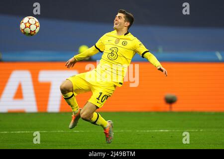 Christian Pulisic vom FC Chelsea während des UEFA Champions League-Spiels, des Viertelfinales, des zweiten Beins, zwischen Real Madrid und dem FC Chelsea spielte am 12. April 2022 im Santiago Bernabeu Stadium in Madrid, Spanien. (Foto von Colas Buera / PRESSINPHOTO) Stockfoto