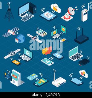Drahtlose Technologien isometrische Symbole mit mobilen Kommunikationsgeräten 3d gesetzt vektorgrafik Stock Vektor