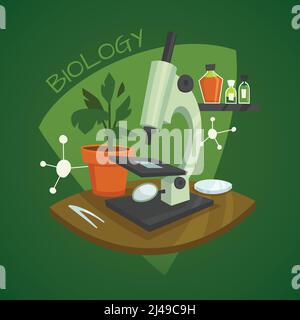 Biologie Labor Arbeitsbereich Design-Konzept mit Mikroskop Zimmerpflanze und chemische Vektorgrafik Reagenzien Stock Vektor
