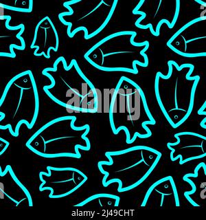 Nahtloses Muster mit handgezeichneten blau-grünen Fischen im Sketch-Stil. Nautischer Hintergrund für Stoffdesign. Schwarzer Hintergrund. Vektor Stock Vektor