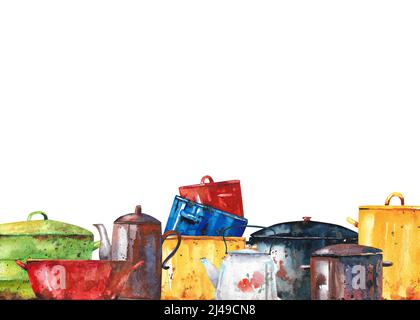 Töpfe und Pfannen in Aquarellfarben. Set mit alten Küchenutensilien. Stockfoto