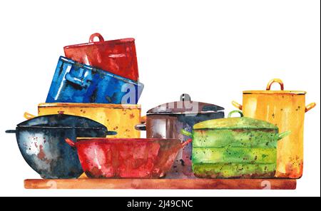 Töpfe und Pfannen in Aquarellfarben. Set mit alten Küchenutensilien. Stockfoto