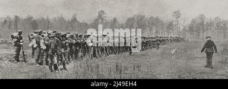 Spanisch-Amerikanischer Krieg (1898). Rekonzentration der amerikanischen Truppen. Das Infanterie-Regiment 25. (1866-1946) in Chickamauga. Diese Einheit war eine der rassisch getrennten Einheiten in der US-Armee. Fotogravur. La Ilustración Española y Americana, 1898. Stockfoto