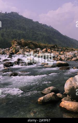 Der Balason-Fluss fließt durch die mit Felsbrocken bedeckte terai-Region bei Dudhia, westbengalen in indien Stockfoto