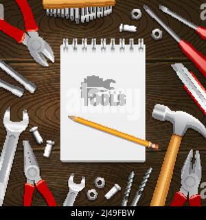 Schreinerei Bau Reparatur Instrumente Werkzeuge mit Notizbuch Zusammensetzung auf dunkel Holz Hintergrund realistische Hintergrund Design Vektor Illustration Stock Vektor