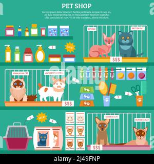 PET-Shop-Konzept mit flachen Katze Rasse Symbole Vektor-Illustration Stock Vektor