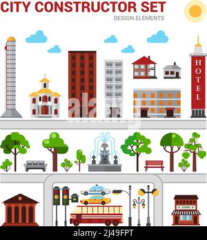 Stadtbauer Set mit Häusern Parks und städtische Infrastruktur isoliert vektorgrafik Stock Vektor