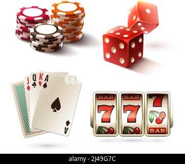 Casino Design-Elemente mit Glücksspiel Poker spielen realistische Symbole gesetzt Isolierte Vektordarstellung Stock Vektor