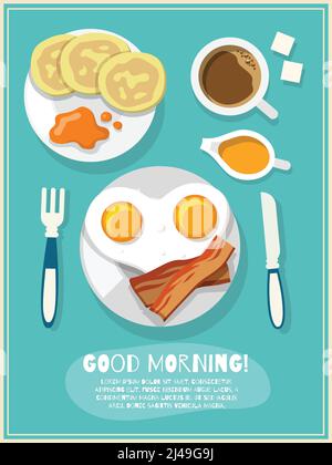 Frühstücksplakat mit Spiegeleiern, Speck, Kaffee-Ikonen und gut Vektorgrafik für Text am Morgen Stock Vektor